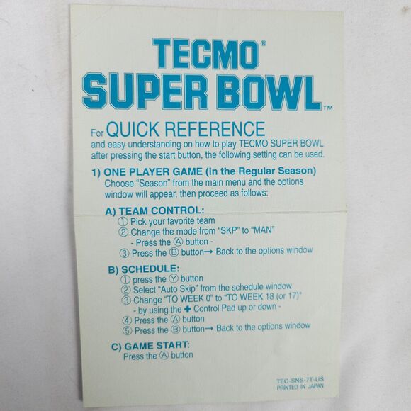 Tecmo Super Bowl SNES Super Nintendo Instruction Manual Booklet + QR Card ONLY - Picture 3 of 8